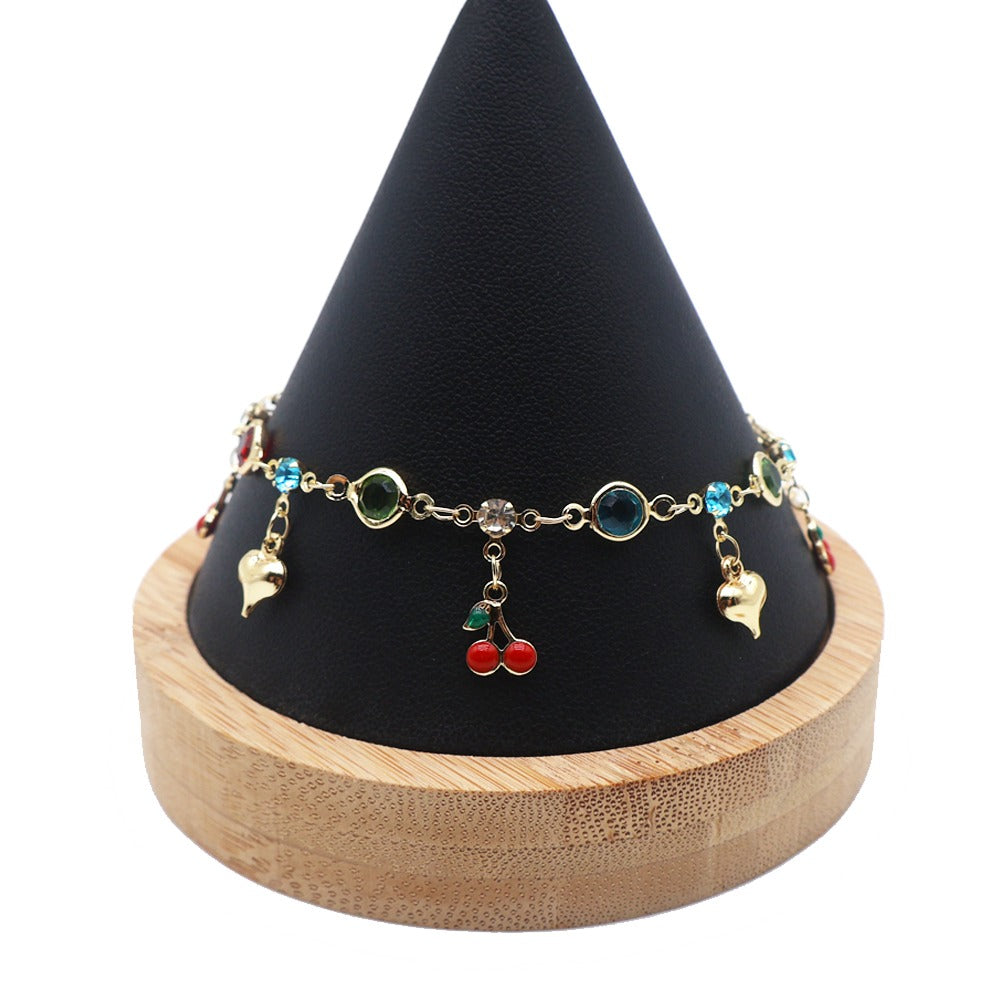 18k Layered Real Gold Plated cherry hearts colors stones anklet bracelet 10 inch #48