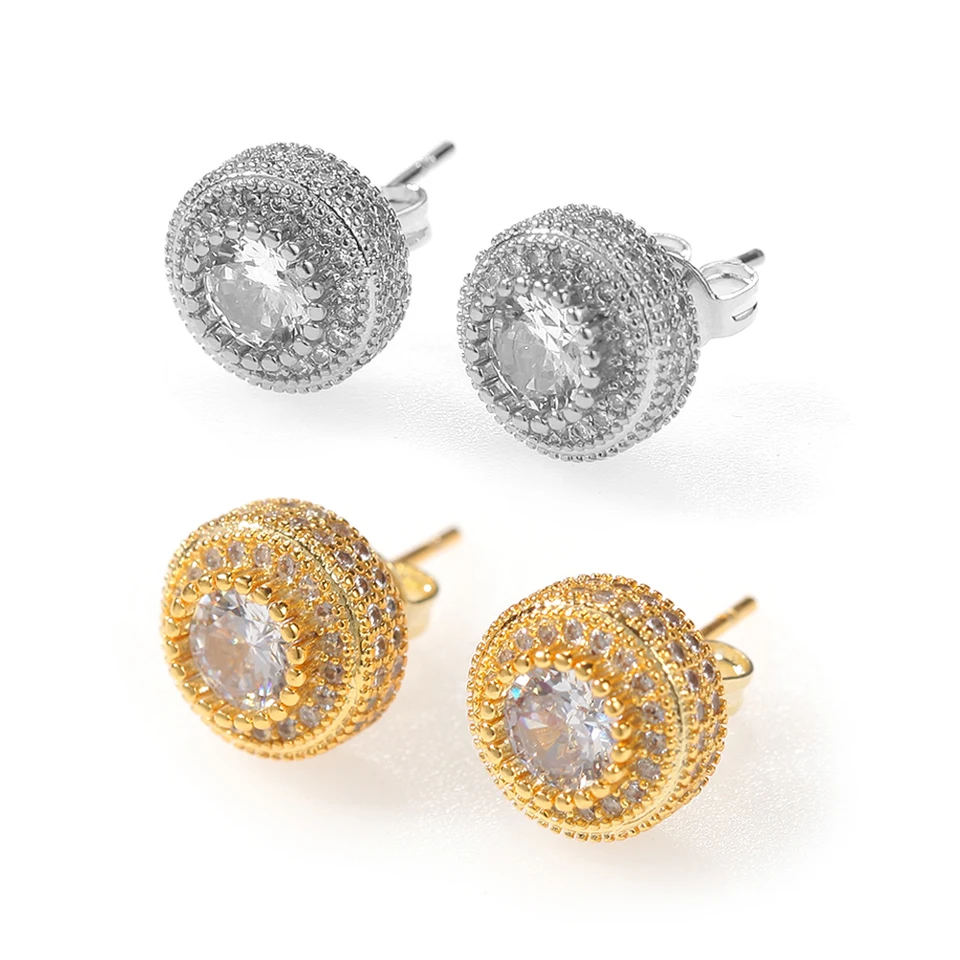 18k Layered Real Gold Filled round hip hop icedout pave settings earrings #22