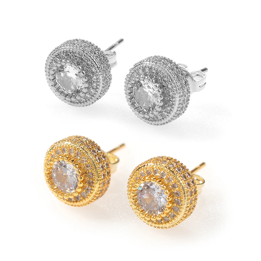 18k Layered Real Gold Filled round hip hop icedout pave settings earrings #22