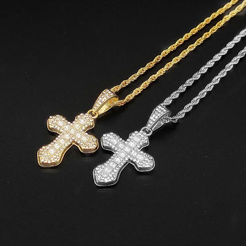 18k Layered Real Gold Plated icedout hip hop cross pendant with necklace chain #47