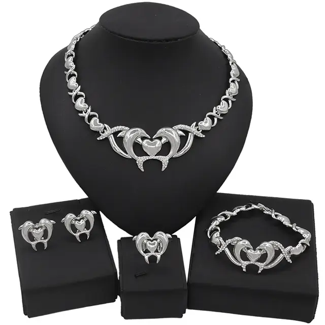 HUGS&KISSES Dolphins Set silver Layered Real Gold Filled necklace bracelet earrings ring #156