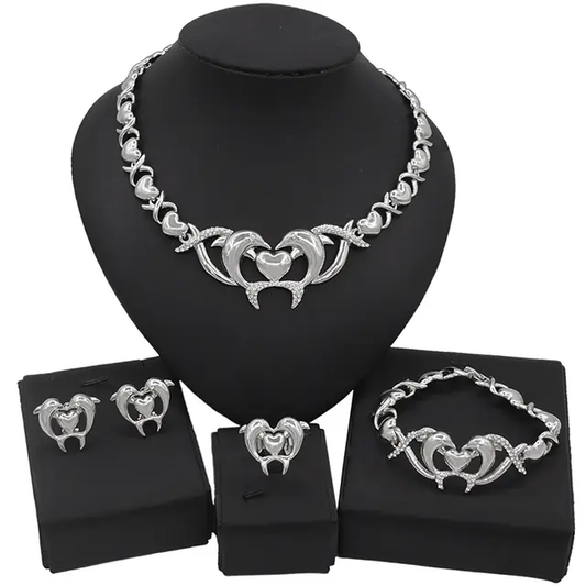 HUGS&KISSES Dolphins Set silver Layered Real Gold Filled necklace bracelet earrings ring #156