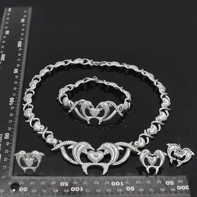 HUGS&KISSES Dolphins Set silver Layered Real Gold Filled necklace bracelet earrings ring #156