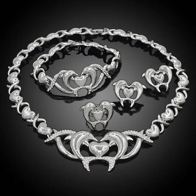 HUGS&KISSES Dolphins Set silver Layered Real Gold Filled necklace bracelet earrings ring #156