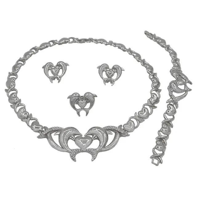 HUGS&KISSES Dolphins Set silver Layered Real Gold Filled necklace bracelet earrings ring #156