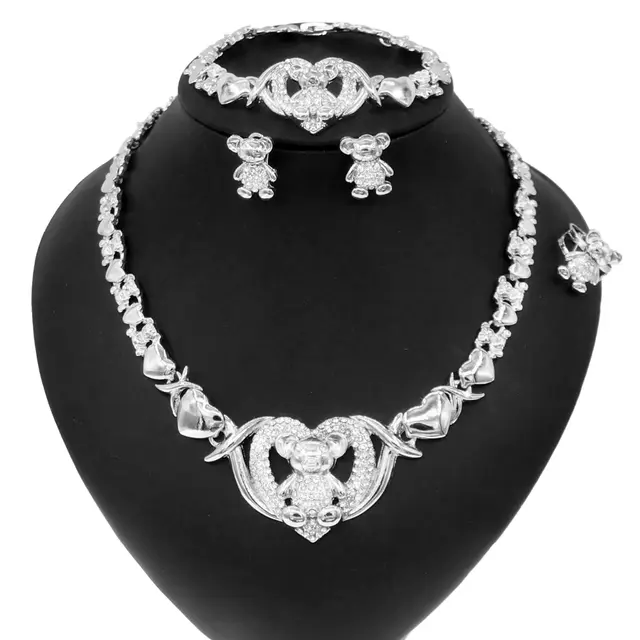 HUGS&KISSES TeddyBear Set Necklace Bracelet Earrings Ring Silver Layered Gold Filled #157