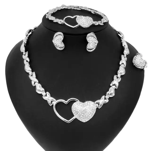 HUGS&KISSES double hearts icedout set necklace bracelet earrings ring silver Plated #158