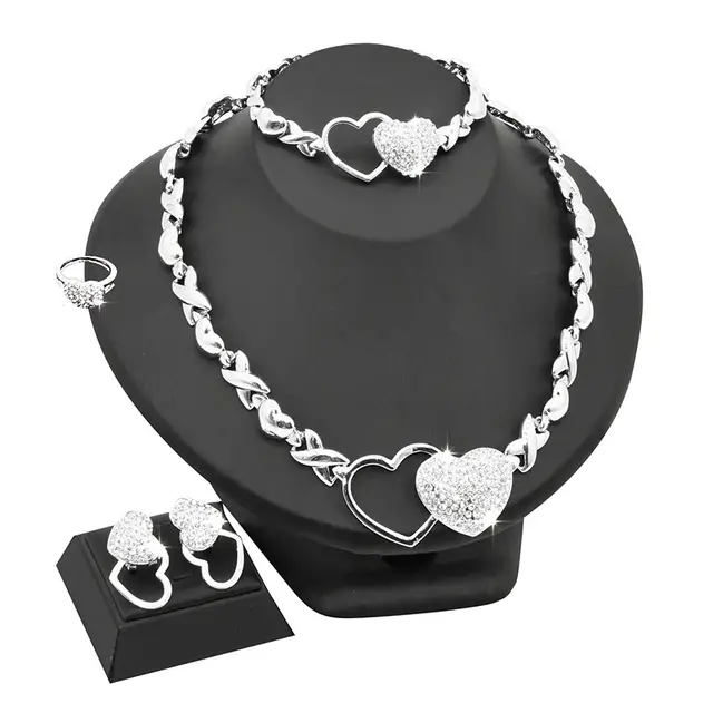 HUGS&KISSES double hearts icedout set necklace bracelet earrings ring silver Plated #158