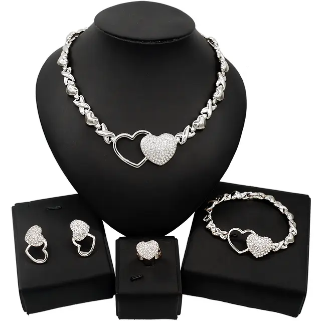 HUGS&KISSES double hearts icedout set necklace bracelet earrings ring silver Plated #158
