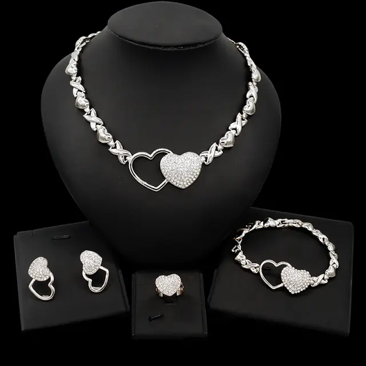 HUGS&KISSES double hearts icedout set necklace bracelet earrings ring silver Plated #158