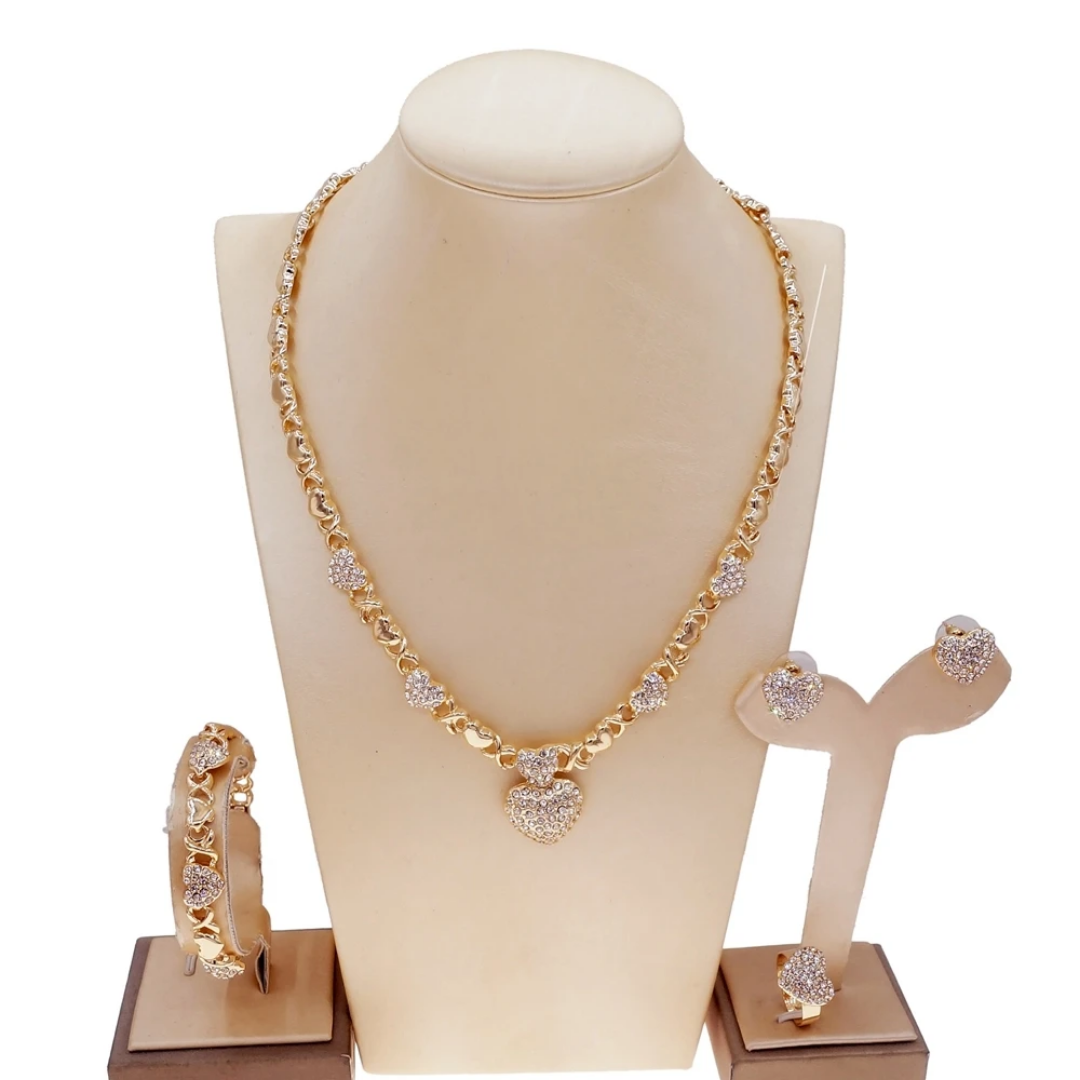 HUGS&KISSES xo set necklace bracelet earrings ring icedout heart Gold Plated #18