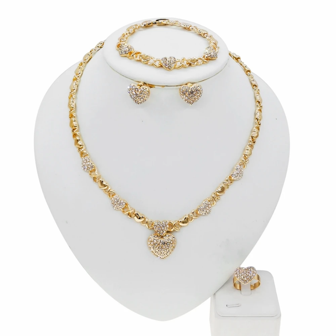 HUGS&KISSES xo set necklace bracelet earrings ring icedout heart Gold Plated #18
