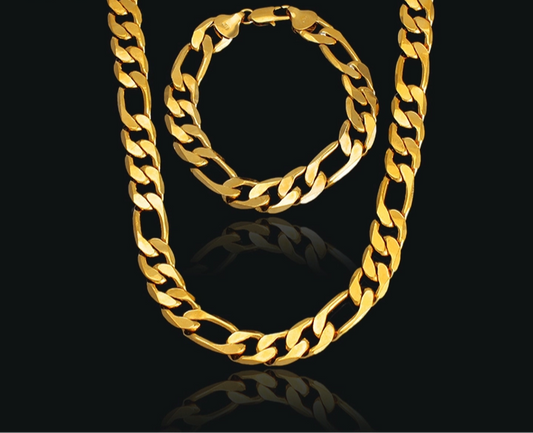 18k Layered Real Gold Filled Set Figaro link chain with bracelet
