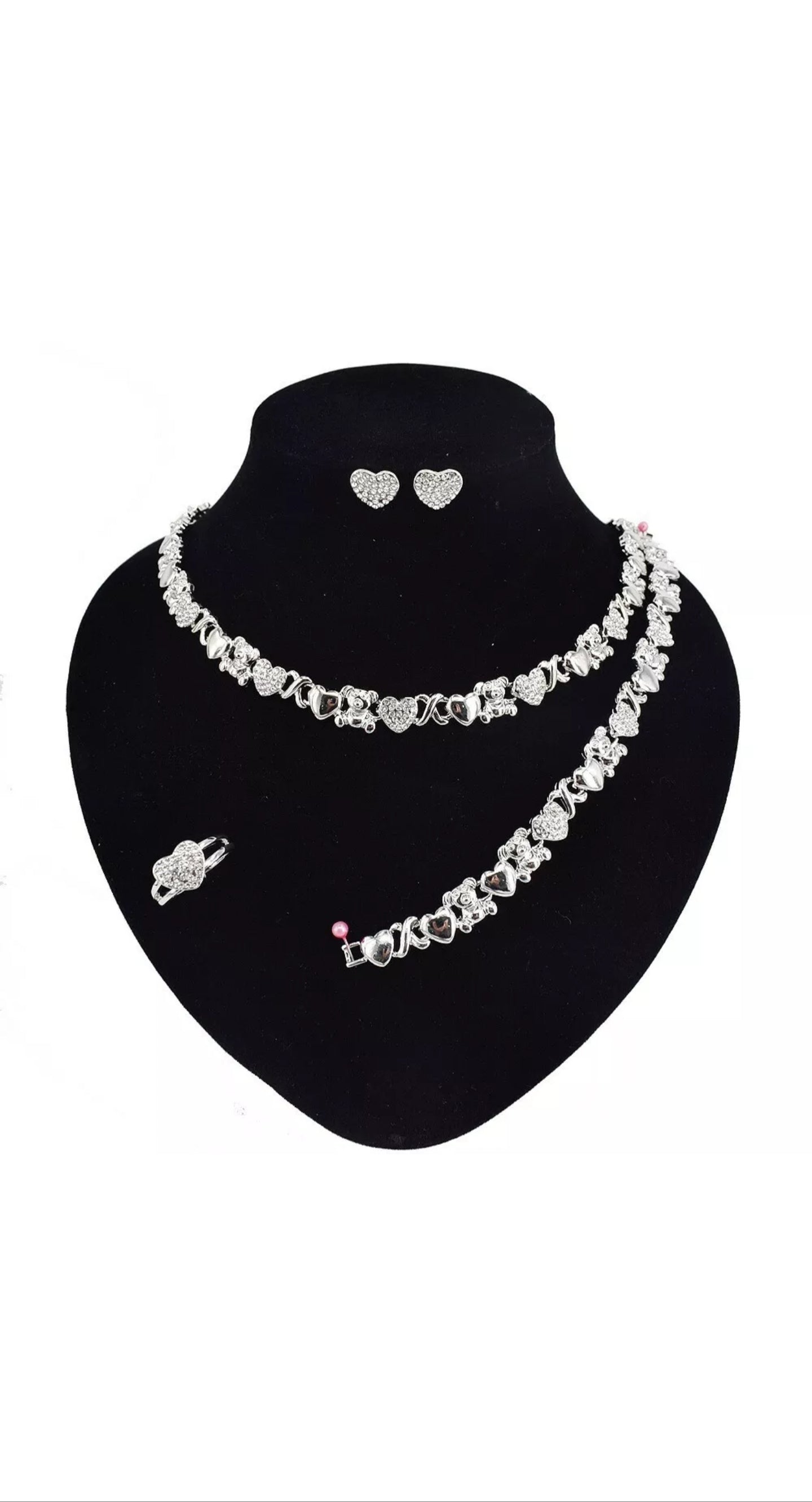 HUGS&KISSES TeddyBear Set Necklace Bracelet Earrings Ring Silver Layered Gold Plated #15