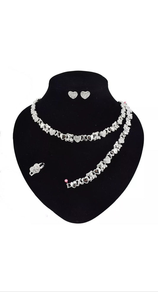 HUGS&KISSES TeddyBear Set Necklace Bracelet Earrings Ring Silver Layered Gold Plated #15