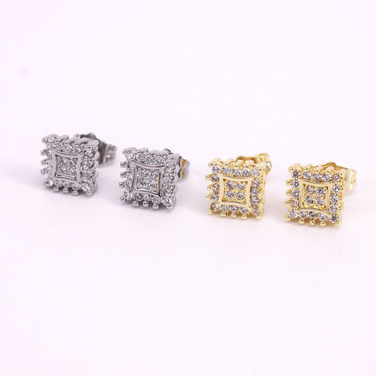Iced Hip Hop Square push Back Stud men's Earrings gold filled #5