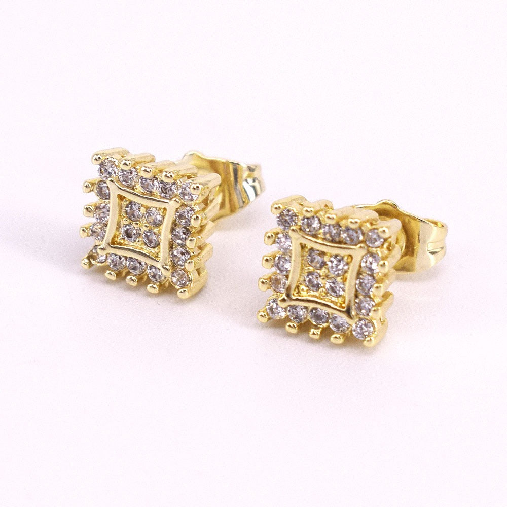 Iced Hip Hop Square push Back Stud men's Earrings gold filled #5