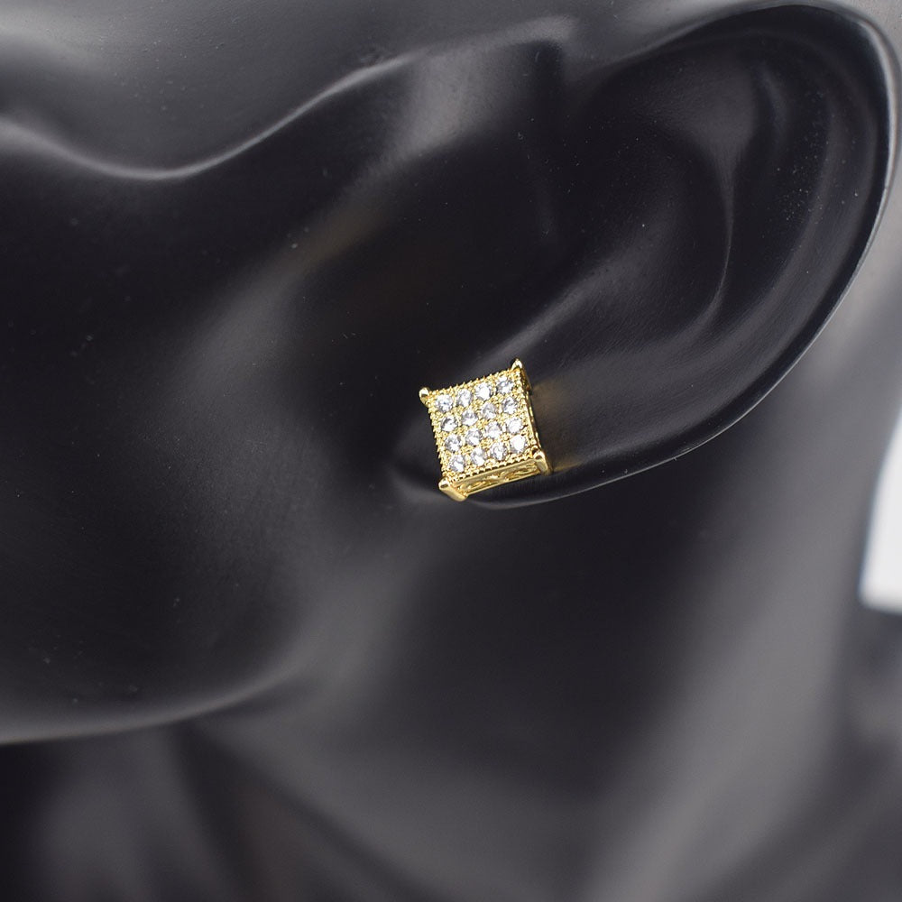 Hip hop icedout 3D square earrings pave settings Cubic Zirconia Real Gold Filled #4