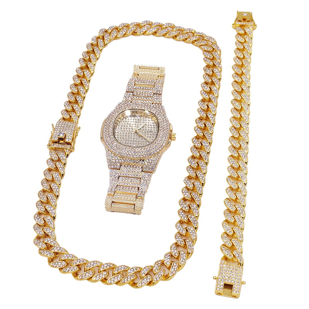 Hip hop Miami cuben necklace bracelet icedout watch Gold color #3