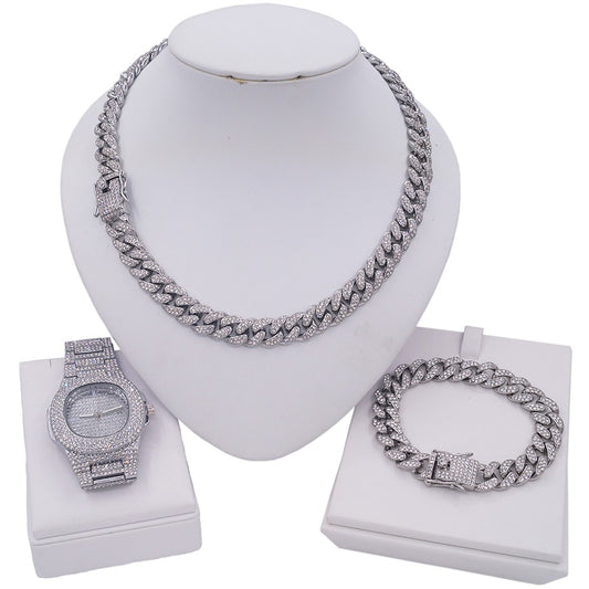 Hip hop set Miami cuben necklace bracelet icedout watch Silver color #204
