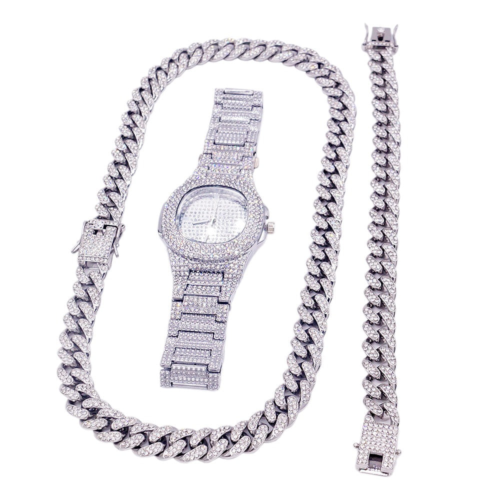 Hip hop set Miami cuben necklace bracelet icedout watch Silver color #4