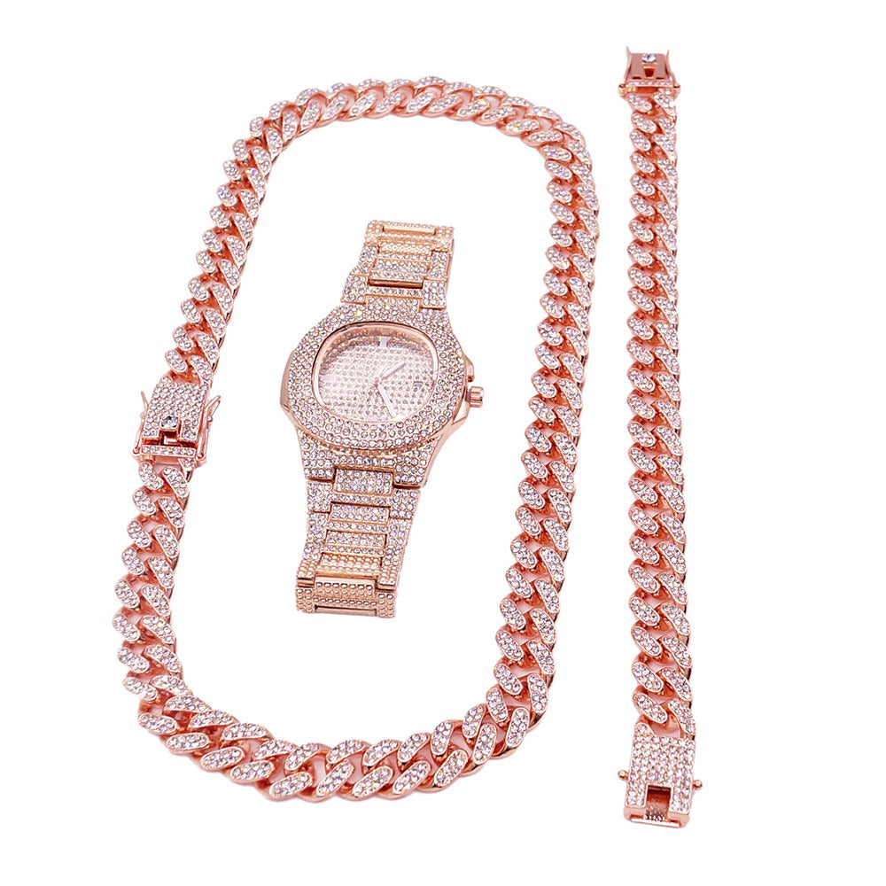 Hip hop set Miami cuben necklace bracelet icedout watch rose gold color #2