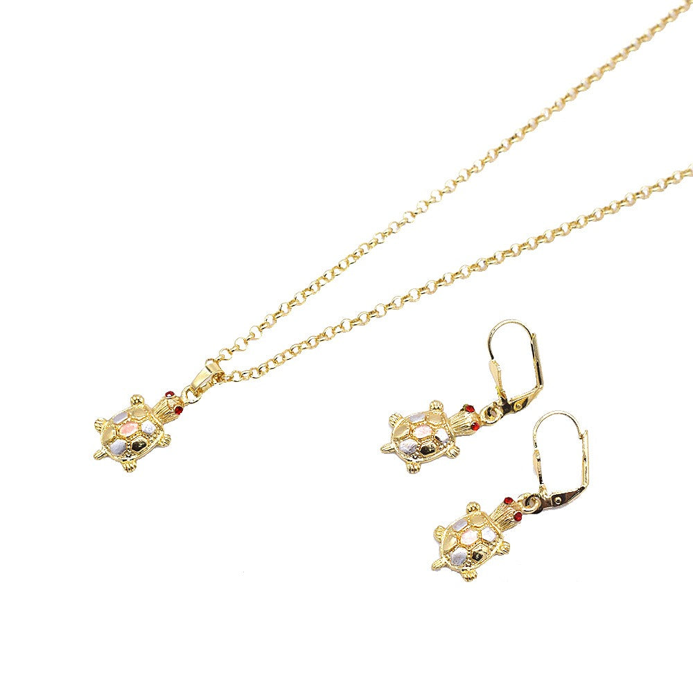18k Layered Real Gold Plated turtle set tri colors necklace pendant earrings #185