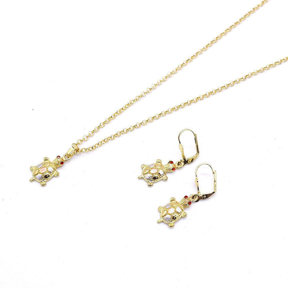 18k Layered Real Gold Plated turtle set tri colors necklace pendant earrings #185