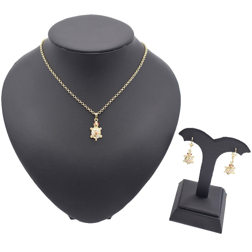 18k Layered Real Gold Plated turtle set tri colors necklace pendant earrings #185