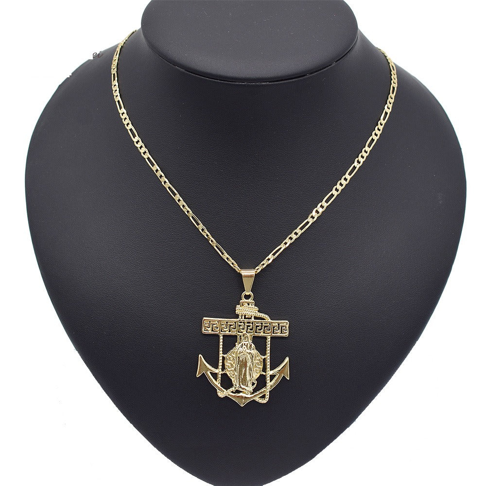 18k Layered Real Gold Filled round virgin Mary anchor pendant with 24" chain #27