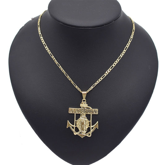 18k Layered Real Gold Filled round virgin Mary anchor pendant with 24" chain #27