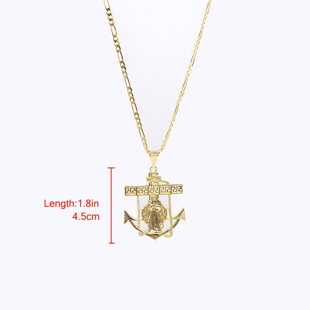 18k Layered Real Gold Filled round virgin Mary anchor pendant with 24" chain #27