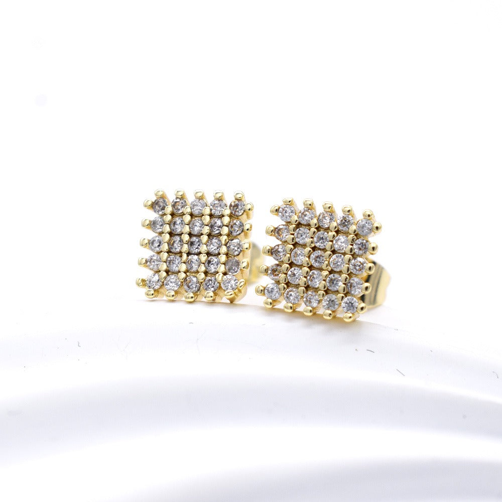 18k Layered Real Gold Filled Square pave earrings hip hop icedout #18