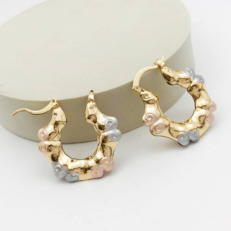 18k Layered Real Gold Filled round bamboo hoop earrings tri colors #79