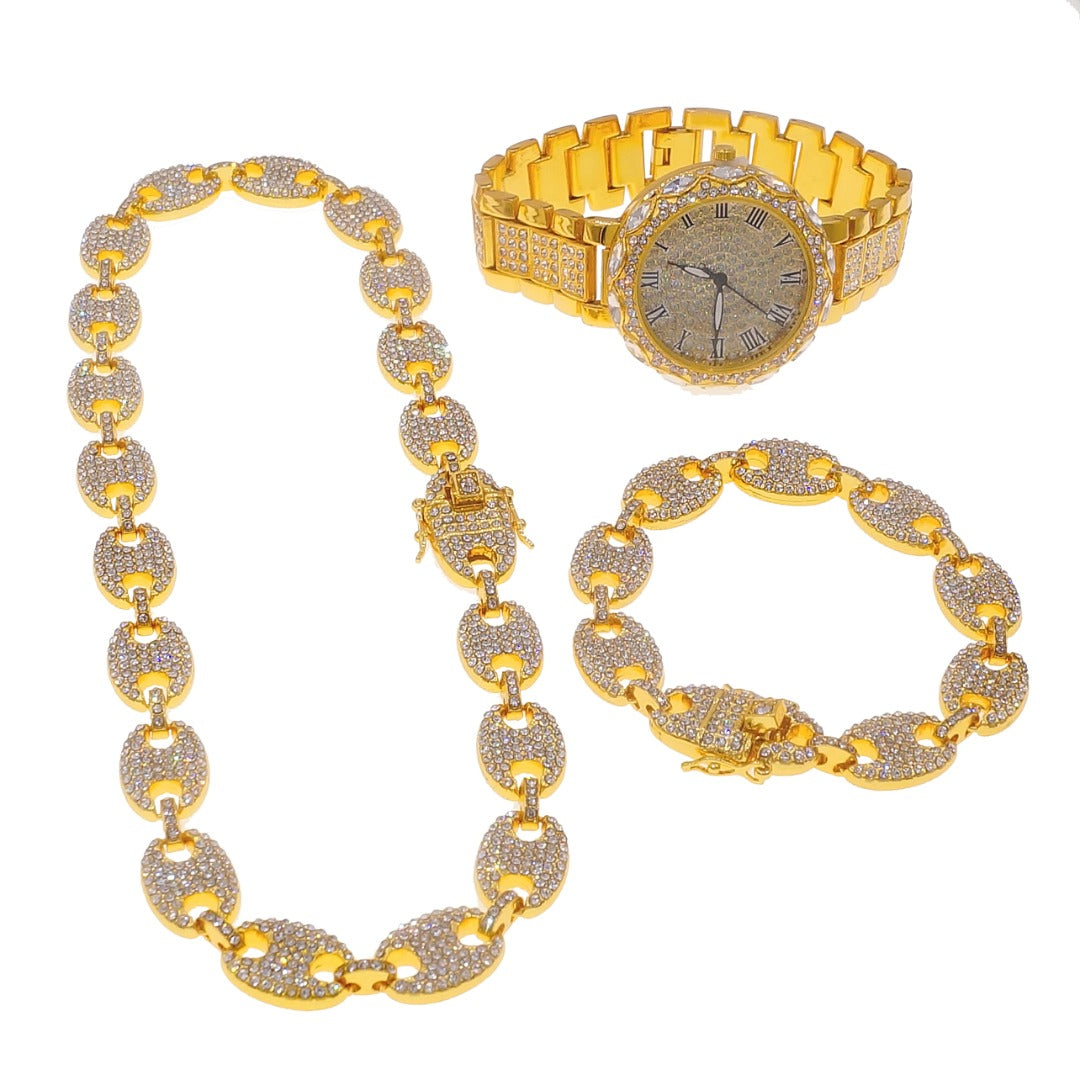 Iced out set puff mariner links necklace bracelet with hip hop watch Gold Plated #5