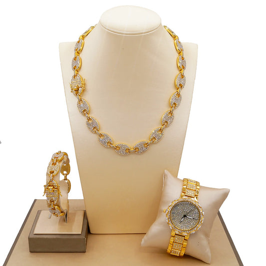 Iced out set puff mariner links necklace bracelet with hip hop watch Gold Plated #205