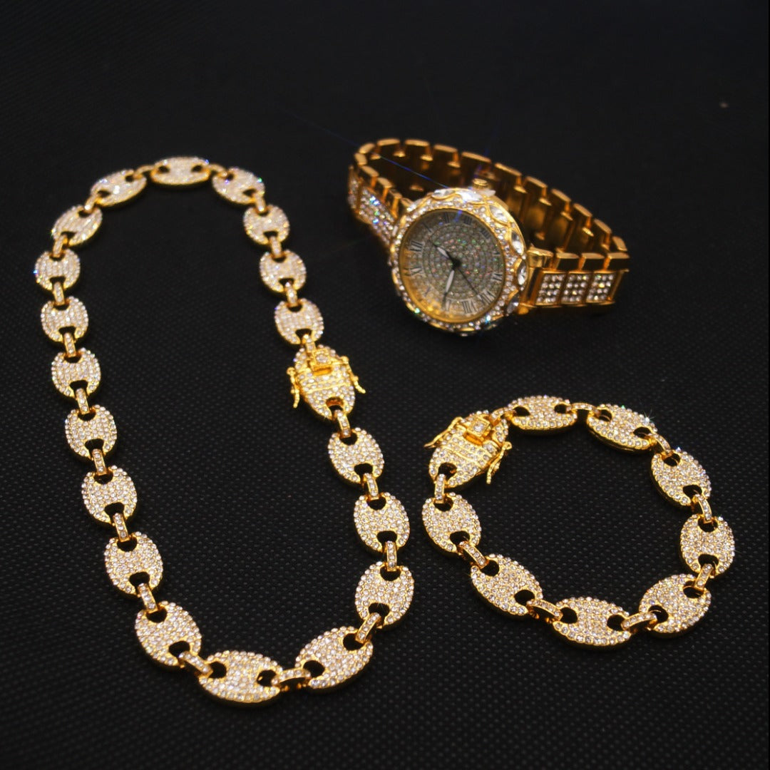Iced out set puff mariner links necklace bracelet with hip hop watch Gold Plated #5