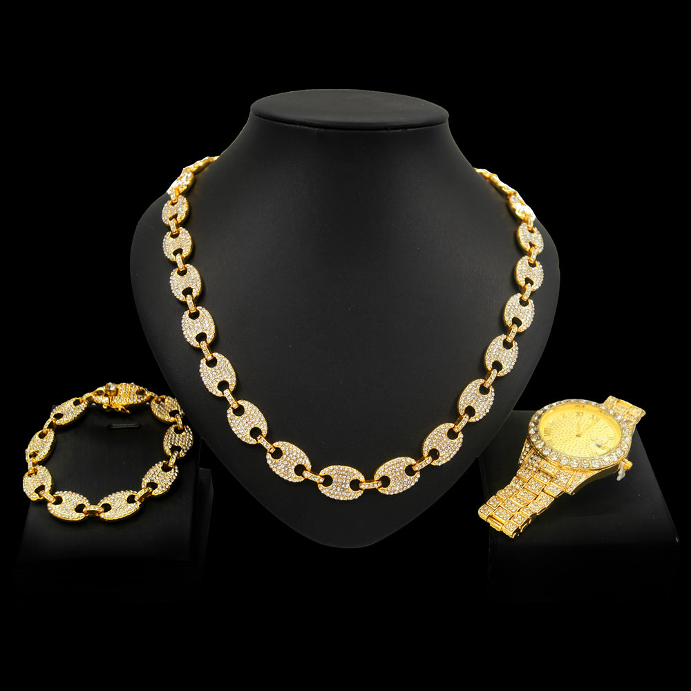Iced out set puff mariner links necklace bracelet with hip hop watch Gold Plated #7