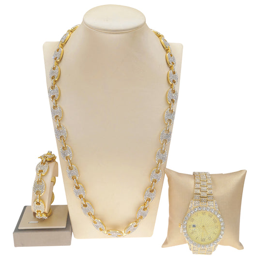 Iced out set puff mariner links necklace bracelet with hip hop watch Gold Plated #207