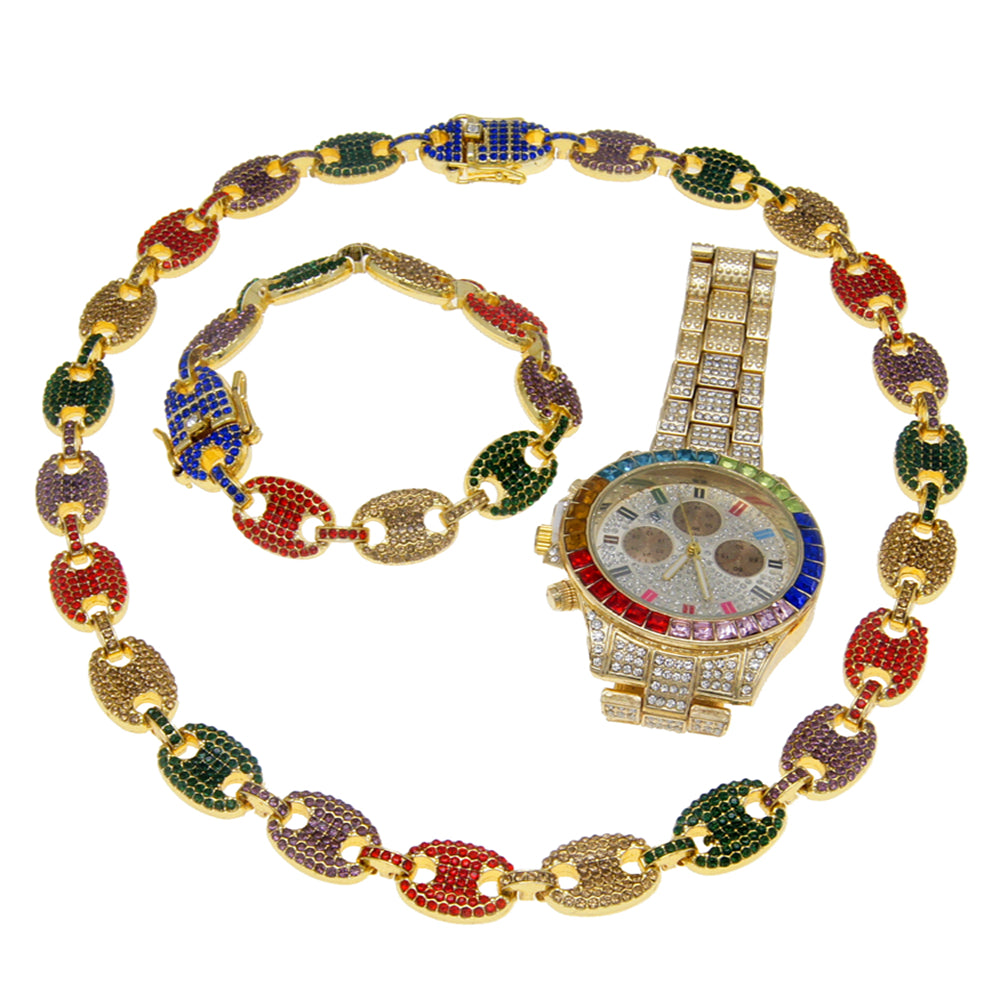 Hip hop set icedout puff mariner necklace bracelet colors stones watch gold Plated #8