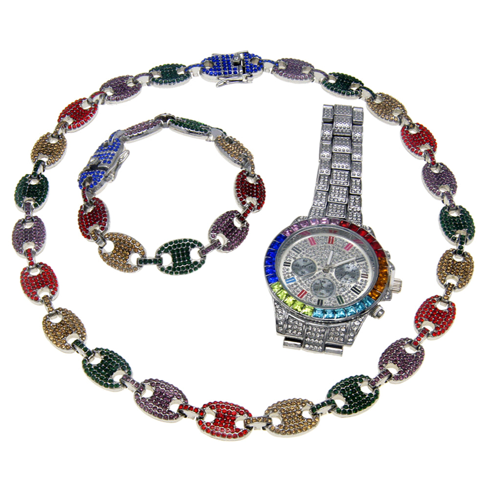 Hip hop set icedout puff mariner necklace bracelet colors stones watch Silver color gold Plated #6