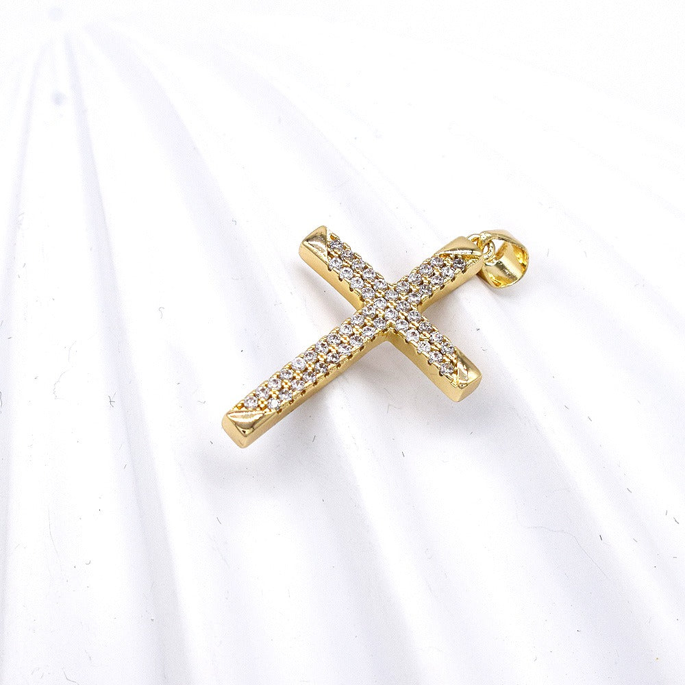18k Layered Real Gold icedout cross pendant charm with 18" necklace chain #39