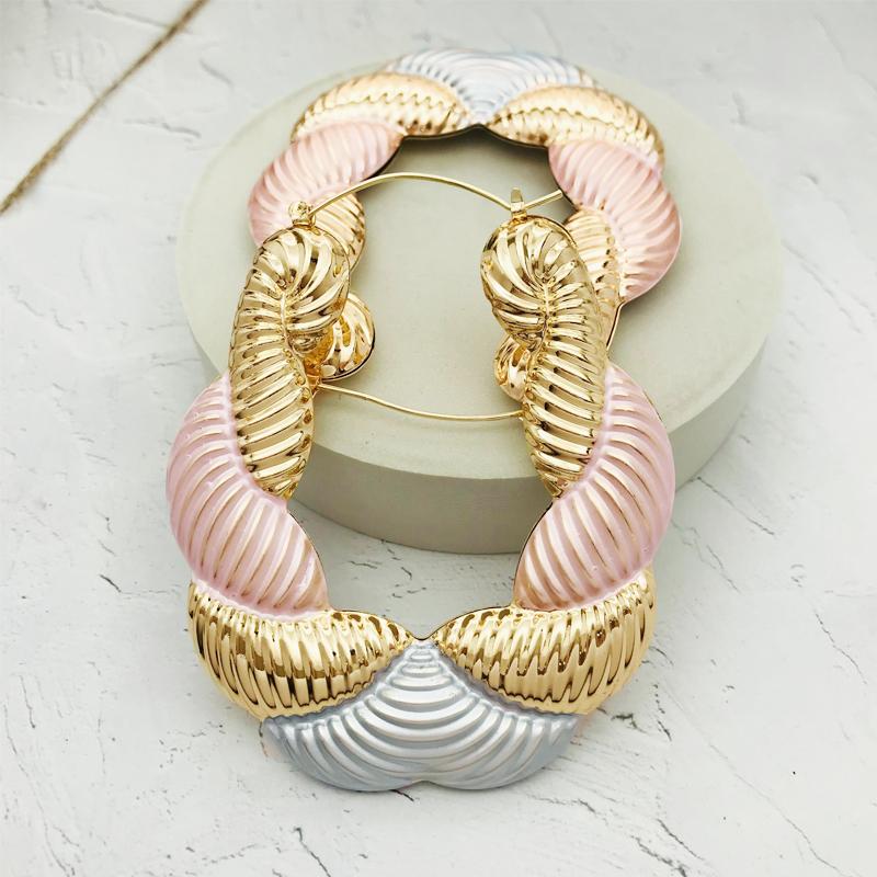 18k Layered Real Gold Filled oval tri colors bamboo hoop earrings #82