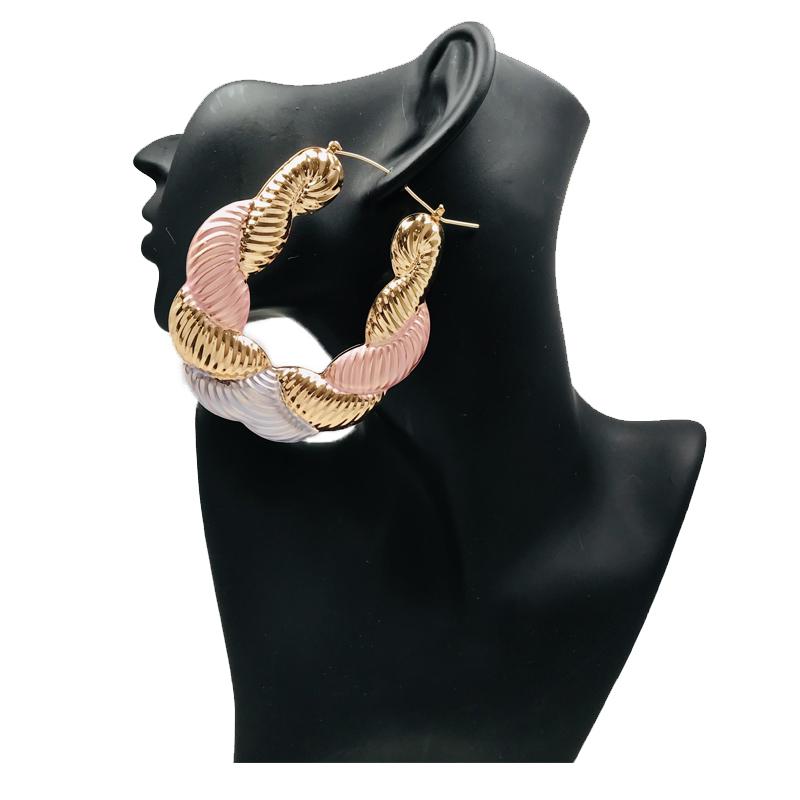 18k Layered Real Gold Filled oval tri colors bamboo hoop earrings #82