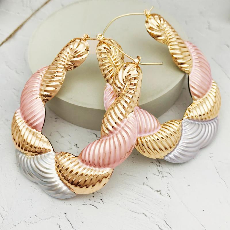 18k Layered Real Gold Filled oval tri colors bamboo hoop earrings #82