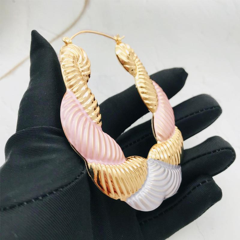 18k Layered Real Gold Filled oval tri colors bamboo hoop earrings #82