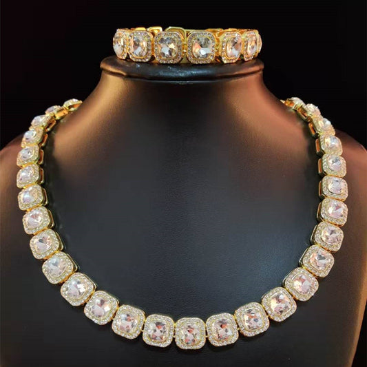 Hip hop set icedout tennis necklace bracelet gold Plated #211