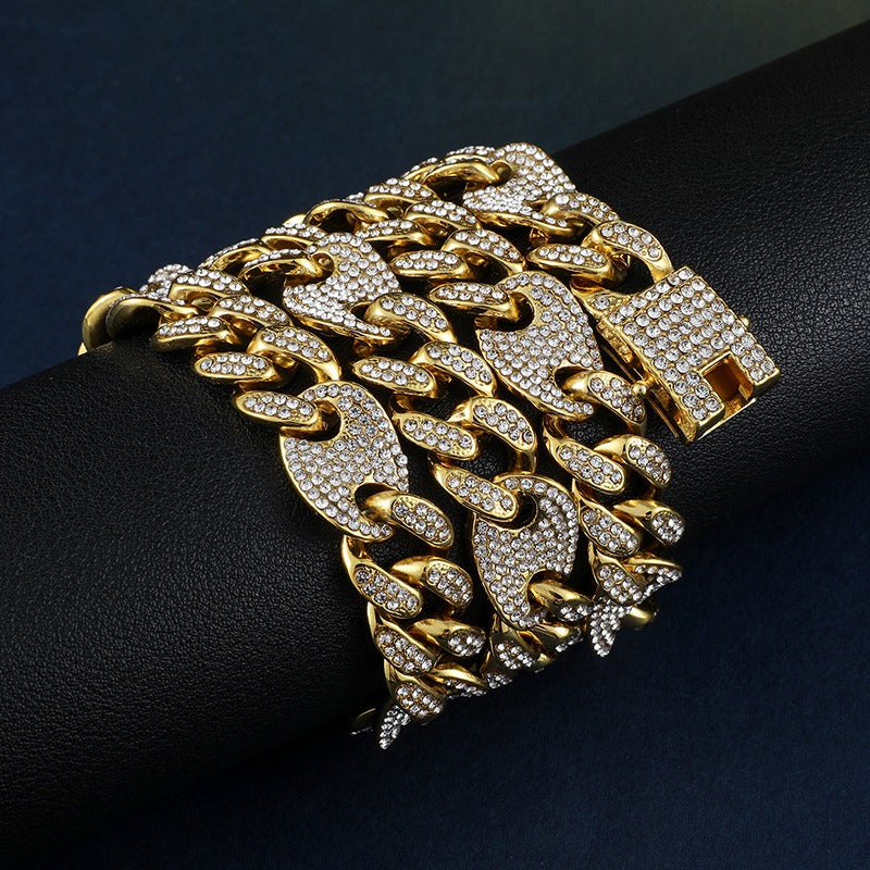Hip hop set icedout puff mariner Cuban link necklace bracelet gold Plated #13