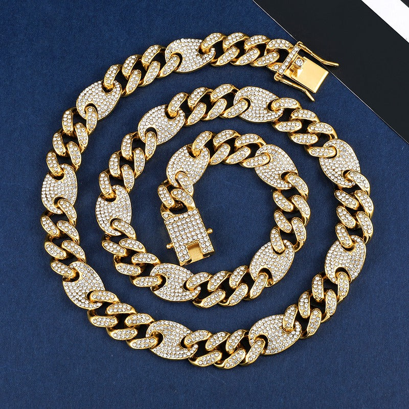 Hip hop set icedout puff mariner Cuban link necklace bracelet gold Plated #13