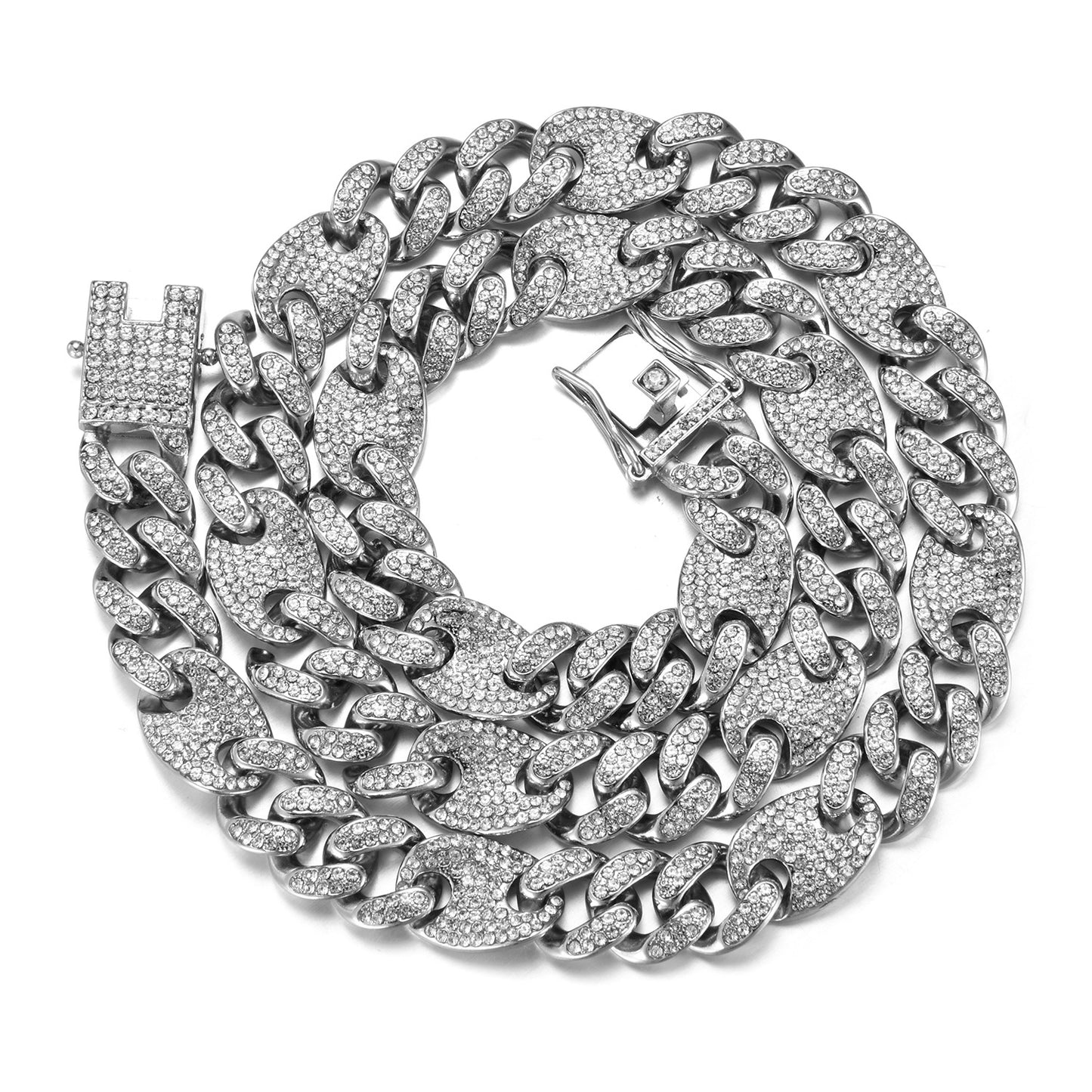 Hip hop set icedout puff mariner Cuban link necklace bracelet silver color gold Plated